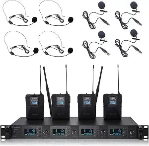 4 Channel UHF Wireless Microphones System with Headset/Lavalier Lapel Mics