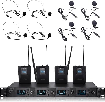 4 Channel UHF Wireless Microphones System with Headset/Lavalier Lapel Mics