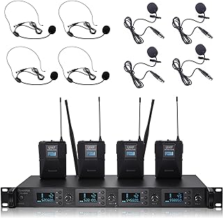 4 Channel UHF Wireless Microphones System with Headset/Lavalier Lapel Mics - Image 1
