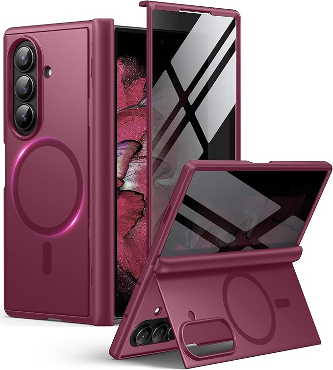 BERFY for Samsung Galaxy Z Fold 7 Case with Privacy Screen Protector, [Compatible with MagSafe][Anti Spy] Built-in Hidden Kickstand, Full-Body Shockproof Slim Phone Case for Z Fold 7, Red