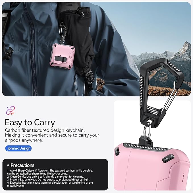 for AirPods 4 Case (2024) with Phone Stand,（with Automatic Snap Switch） Carbon Fiber Design Protection Cover with Cleaning Pen,Pink