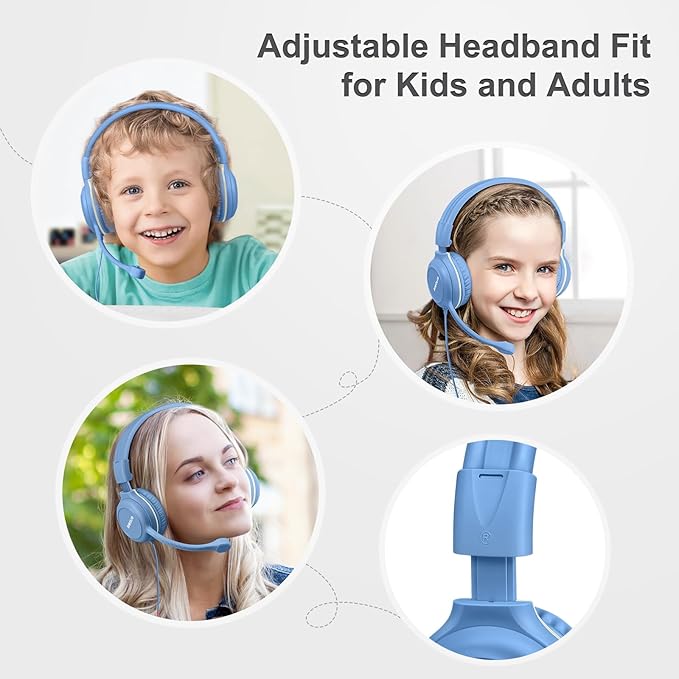 SIMOLIO Kids Headphones Wired with Flexible Rotatable Microphone for Virtual School & Gaming, Safe Volume Cord Headphone for Boys, Teens, Children, Durable Lightweight Folding Headset for PC, Xbox