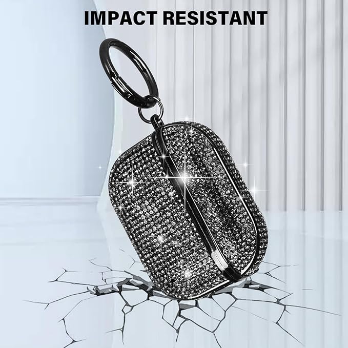 LUVI Compatible with AirPods Pro (2019) Diamond Case Rhinestone Bling Glitter Crystal Shiny Sparkle Cute Protective Shockproof Cover for Women Girls Luxury Skin with Keychain Black