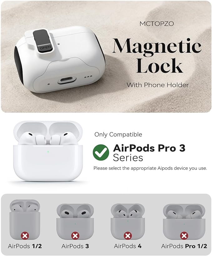 Compatible with AirPods Pro 3 2025 Case with Phone Stand & Cleaning Kit,Magnetic Automatic Lock Design Cover for Air pods Pro 3rd- (White)