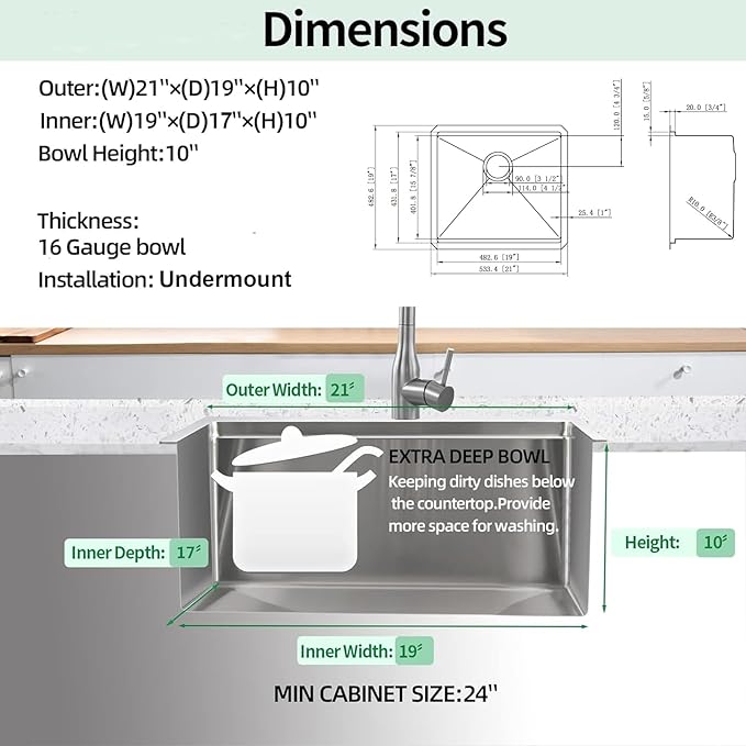 Undermount Kitchen Sink, 21 x 19 Inch Sink Kitchen 16 Gauge Stainless Steel Kitchen Sinks Single Bowl Workstation Sink with Cutting Board