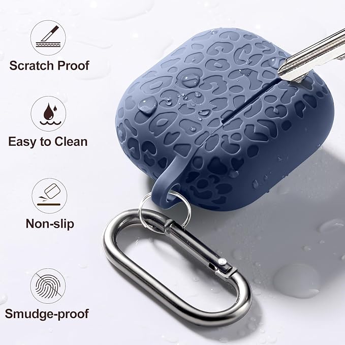Leopard Engraved for AirPods 4 Case Cover 2024,Soft Silicone Protective Case Compatible with Apple AirPods 4th Generation for Women,Cute for AirPod 4 Accessories with Keychain (Blue Gray)