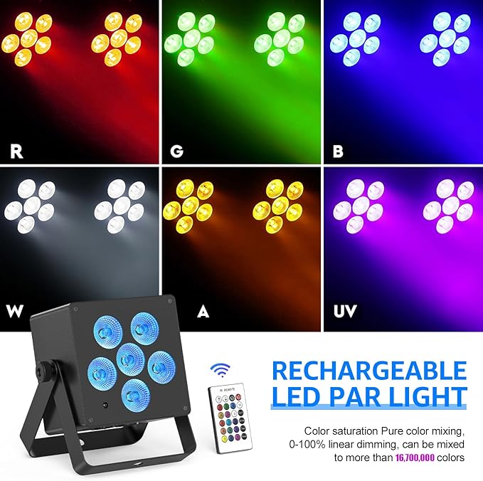 Battery Powered Stage Lights, LED Par Lights RGBWA+UV 60W, Rechargeable Par Can Light with 5500mAh Battery, Remote DMX Sound Activated Uplights for Events, Party, Wedding, Concert - 4Pcs