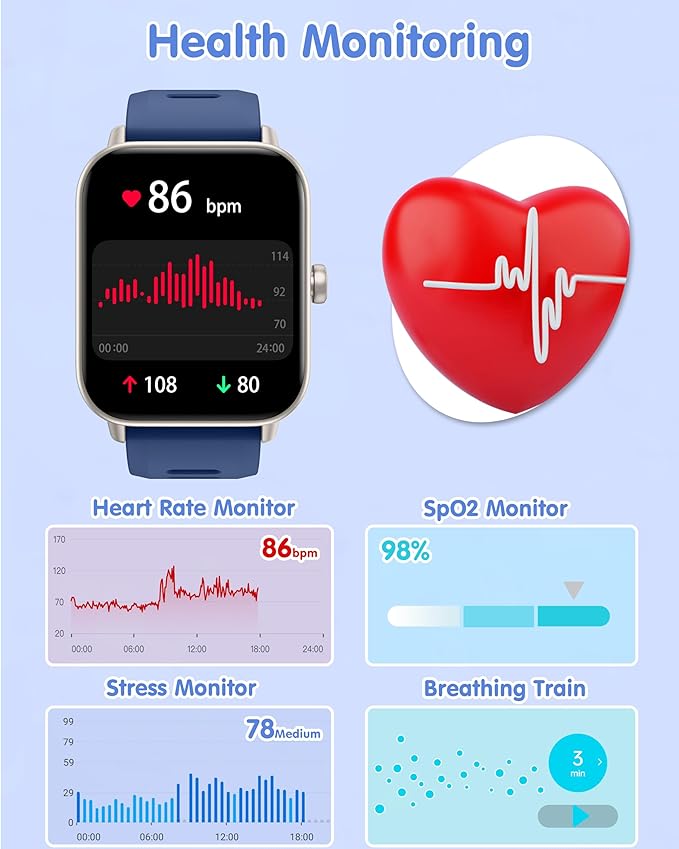 Kids Smart Watch, Kids Watch No Phone Needed Heart Rate & Sleep Tracker, Stress & SpO2 Monitor, 1.8" Fitness Tracker Step Counter, Alarm Clock, Games, Swimming Watch for Boys Girls Teens Aged 5+
