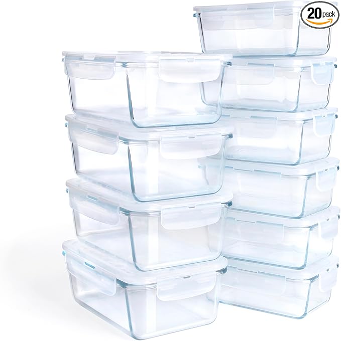 Borosilicate Tempered Glass Food Storage Containers with Lids, [10 Pack] Airtight Lunch Containers. Microwave, Oven, Freezer and Dishwasher Safe.