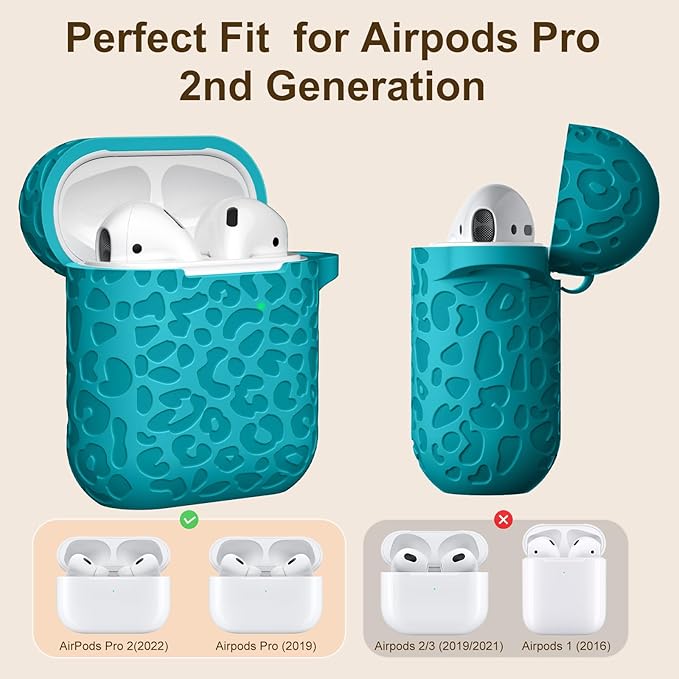 Leropard Engraved for AirPods Case Cover, Cute Soft Silicone Protector with Keychain Compatible with Airpods 2nd/1st Generation,Front LED Visible,Teal