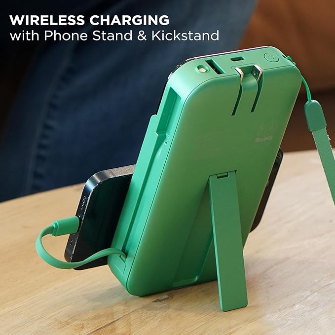 Limitless Innovations Ultimate Pro 15,000mAh Portable Power Bank PD 20W with Built-in Cables, Wireless Charging, Flashlight, Wall Plug, & Digital Display, for iPhone, Samsung, & More (Green Metallic)