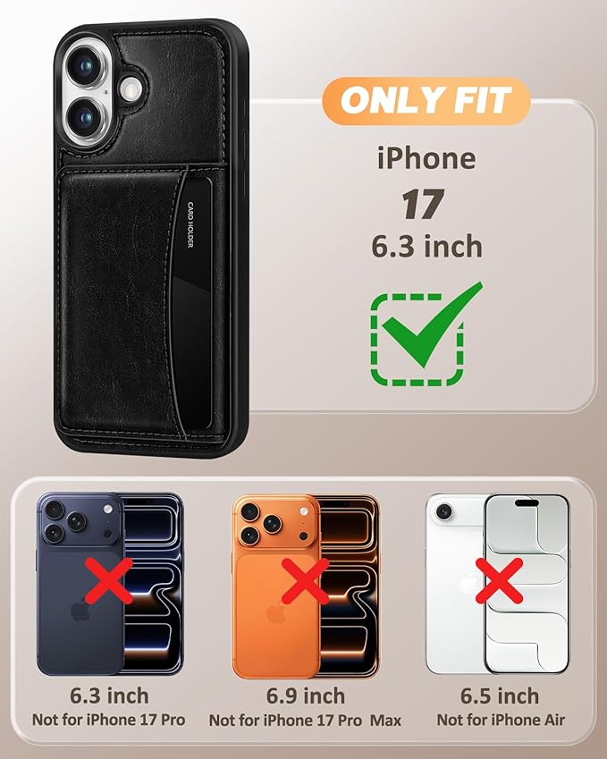 for iPhone 17 Case with Wallet - Fits 4 Card Slots, Compatible with MagSafe for Women Men Durable PU Leather Credit Card Holder Kickstand Phone Cover for Apple 17, Black