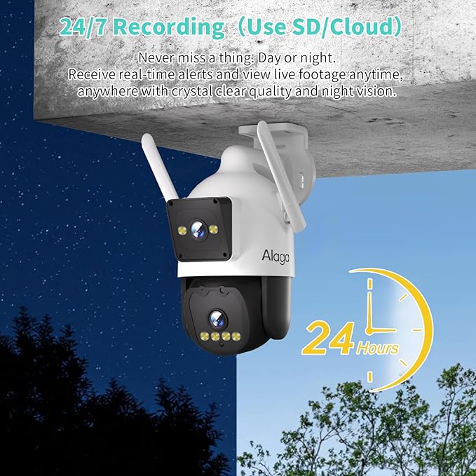 Alaga Outdoor Security Camera,Black Light Full Color Night Vision,F1.0 Dual Lens,AI Motion Detection,5G and 2.4G WiFi,Weatherproof,Two Way Audio,360° Detailed Coverage,Cloud and Local Storage
