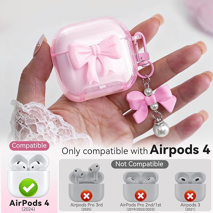 for Airpods 4 Case Pink 2024 with Safety Lock & Phone Stand, 3D Bow Clear iPod 4 Cases with Cute Keychain & Cleaning Kit, Soft TPU Cover for AirPods 4th Generation Case Girls Women