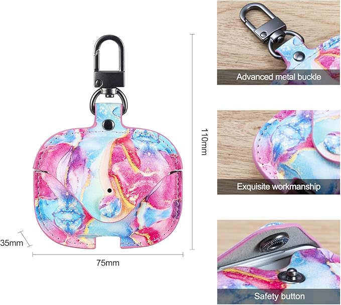 Genuine Leather Case Compatible with AirPods Pro Case 2nd/1st Gen (2023/2022/2019), VOMA Protective Cover for Apple AirPods Pro 2/Pro Wireless Charging Case with Keychain and Snap Lock Colorful Marble