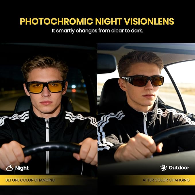 Cyxus Photochromic Day Night Vision Driving Glasses Men Women Fit Over Polarized Wrap-Around Eyeglasses 1304Hi