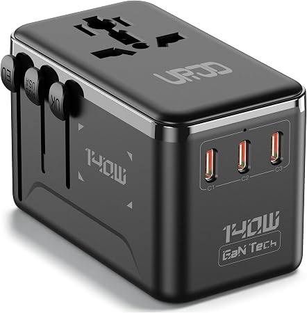 140W Max GaN Universal Travel Adapter for Europe UK US 200+ Countries