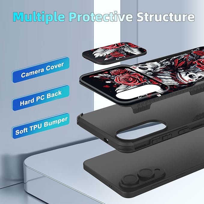 for Galaxy S25 Edge Case Built in Slide Camera Lens Cover,Heavy Duty Shockproof Protection Dual Layer Case for Samsung Galaxy S25 Edge 2025,Skull Art with Feathers and Roses