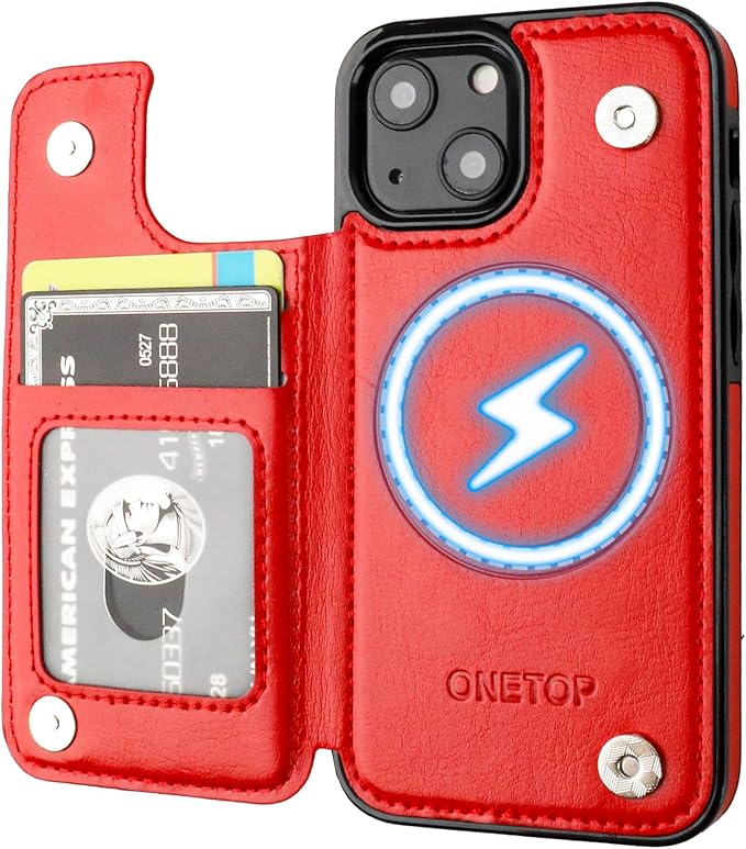 ONETOP Compatible with Magsafe for iPhone 13 Mini Wallet Case with Card Holder, PU Leather Kickstand RFID Blocking Case, Double Magnetic Clasp and Durable Shockproof Cover 5.4 Inch (Red)