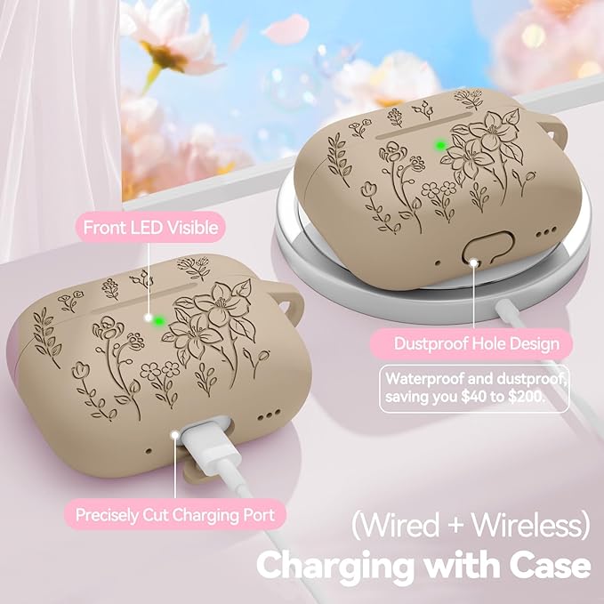 for Airpods Pro 3 Case, Flower Engraved Case Cover Compatible with AirPods Pro 3rd Generation 2025, Soft Silicone Cases with Cute Keychain & Cleaner for Women Girly, Shockproof