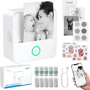 eSynic Portable Mini Sticker Printer-USB-C Rechargeable-Bluetooth Mini Printer-Lnkless Printing-210DPI Print Resolution-5 Rolls Adhesive & 5 Thermal Paper for Notes/Labels/Stickers/Photo-No Colorful