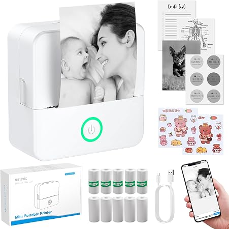 eSynic Portable Mini Sticker Printer-USB-C Rechargeable-Bluetooth Mini Printer-Lnkless Printing-210DPI Print Resolution-5 Rolls Adhesive & 5 Thermal Paper for Notes/Labels/Stickers/Photo-No Colorful