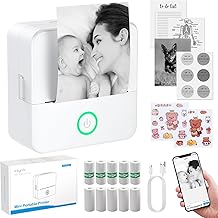 eSynic Portable Mini Sticker Printer-USB-C Rechargeable-Bluetooth Mini Printer-Lnkless Printing-210DPI Print Resolution-5 Rolls Adhesive & 5 Thermal Paper for Notes/Labels/Stickers/Photo-No Colorful