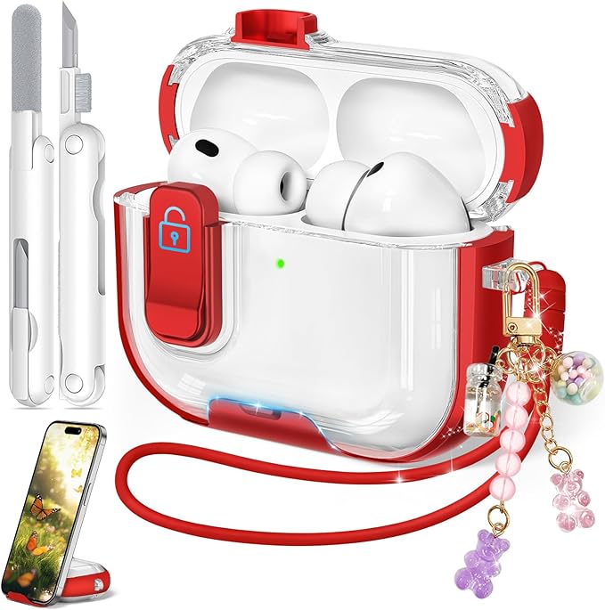 for Airpods Pro 3 Case 2025, Anti-Yellowing Clear Case for Airpods Pro 3 with Secure Lock & Phone Stand, Soft TPU Drop Protection Cover with Cleaning Kit (Red)