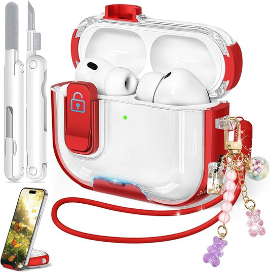 for Airpods Pro 3 Case 2025, Anti-Yellowing Clear Case for Airpods Pro 3 with Secure Lock & Phone Stand, Soft TPU Drop Protection Cover with Cleaning Kit (Red)