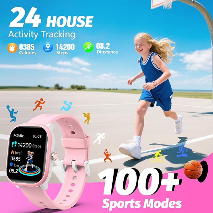 Kids Wach for Girls Boys 6-15 Year Old - Smart Watch for Kids 1.8" Fitness Tracker,No Phone needed,Pedometer Sleep Monitor Heart Rate Waterproof,Puzzle Game for Girls Boys Teens Birthday Gift (Pink)