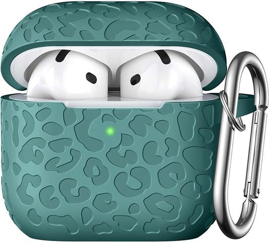 Leopard Engraved for AirPods 4 Case Cover 2024,Soft Silicone Protective Case Compatible with Apple AirPods 4th Generation Case for Women,Cute AirPod 4 Case Accessories with Keychain,Pinggreen