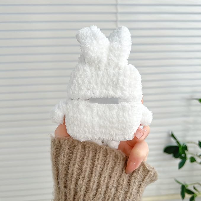 Yatchen Plush Rabbit Case for AirPods 1&2, Kawaii Cute 3D Cartoon Fur White Bunny Funny Furry Cover with Keychain Protective Case for Women & Girls