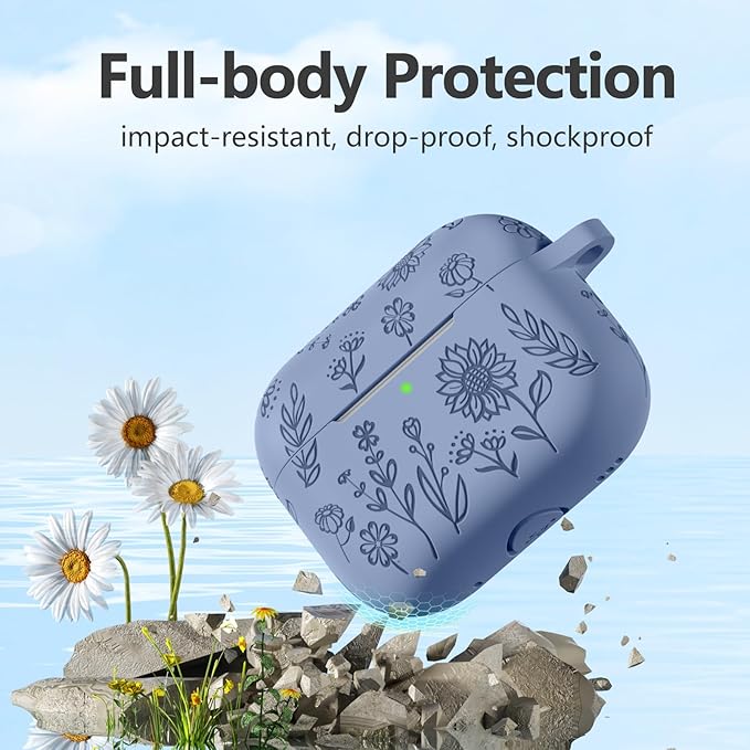 Hamile for AirPods Pro 2nd Generation Case with Cleaner Kit & Keychain, Cute Flower Engraved Soft Silicone Protective AirPods Pro Case Cover for Apple AirPods Pro Case 2nd/1st Generation, Blue Gray