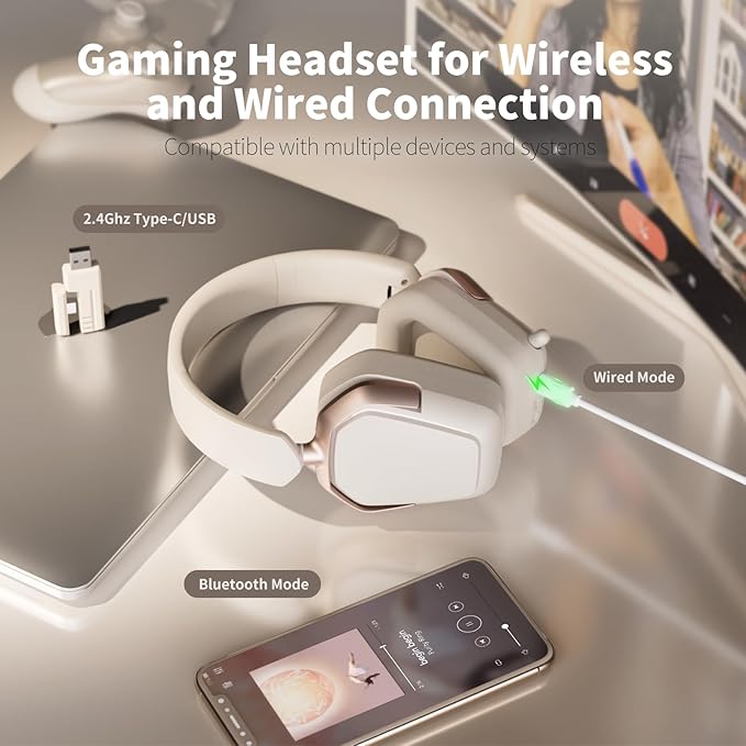 RK ROYAL KLUDGE G10 Gaming Headset with Microphone, Wireless/Bluetooth 5.3/Wired Gaming Headpones for PS5/4, Switch, PC, 40mm Dynamic Drivers, 7.1 Surround Sound, Platinum Grey