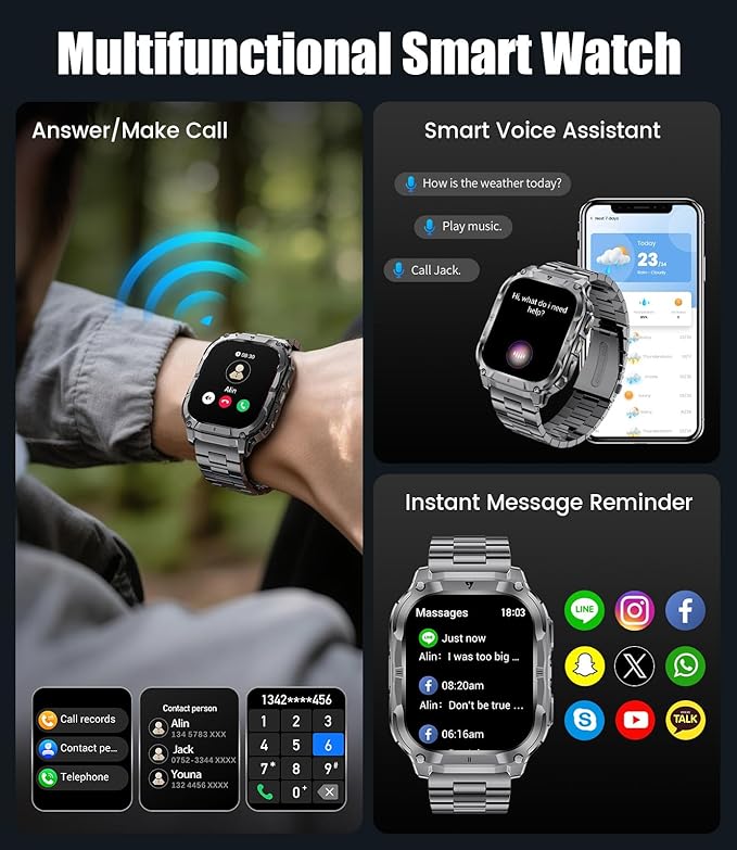 Military Smart Watch for Men(3 Bands),1000mAh/2 HD Large Screen Smartwatch, Flashlight/110+ Sports Modes, Fitness Tracker Watch for Android iOS,Black