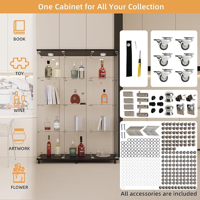 LFT HUIMEI2Y Glass Display Cabinet 12 Shelves with 3 Columns 2 Doors, LED Light and Lock, Extra Large Curio Cabinets Quick-Install Style Tempered Glass Bookshelf for Living Room, Kitchen Black