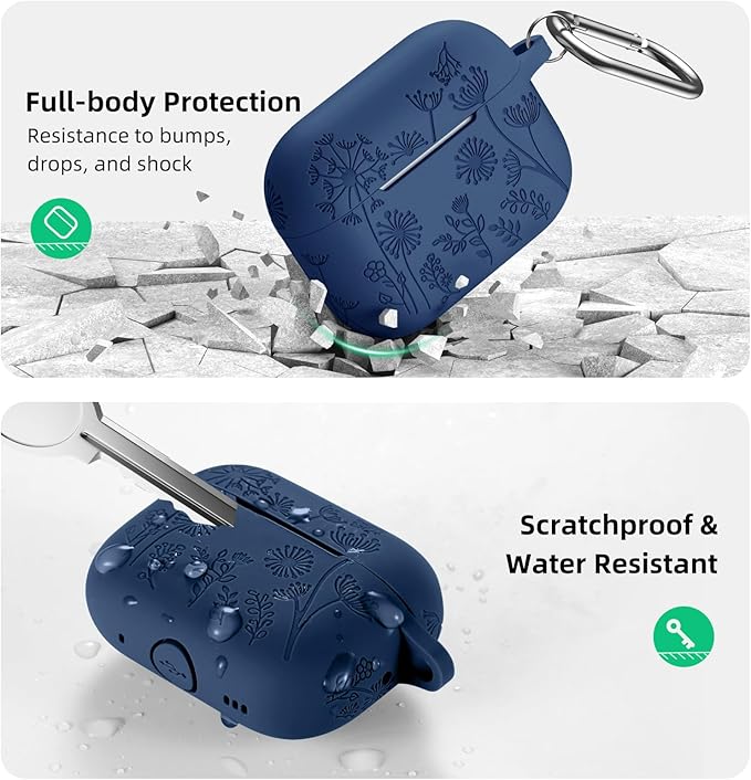 Lerobo for Airpod Pro Case 2nd 1st Generation Case USB C, Cute Flower Engraved Soft Silicone Cover Compatible with Apple AirPod Pro/Pro 2 Case, Full Protective, Front LED Visible, Midnight Blue