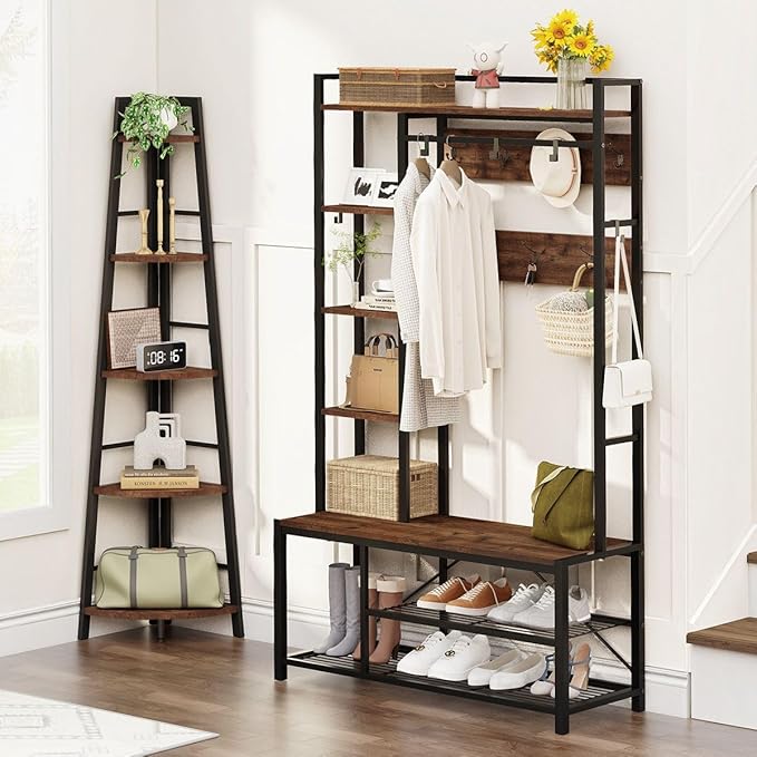 BON AUGURE Rustic Corner Ladder Shelf, 5-Tier Black Metal Wood Corner Bookshelf, Narrow Tall Bookcase Shelving Unit for Living Room, Home Office, Small Space (Rustic Oak)