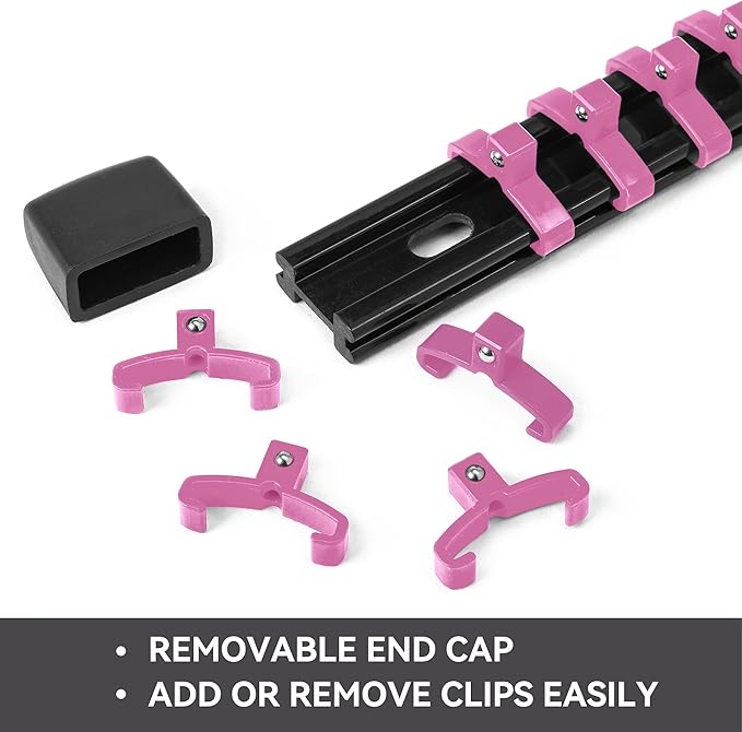 ALOANES 12PC ABS Socket Organizer, Socket Rails Fit 1/2 inch, 3/8 inch and 1/4 inch Drive Hold up to 172 Sockets, Heavy Duty Socket Holders, Black Rails with Pink Clips