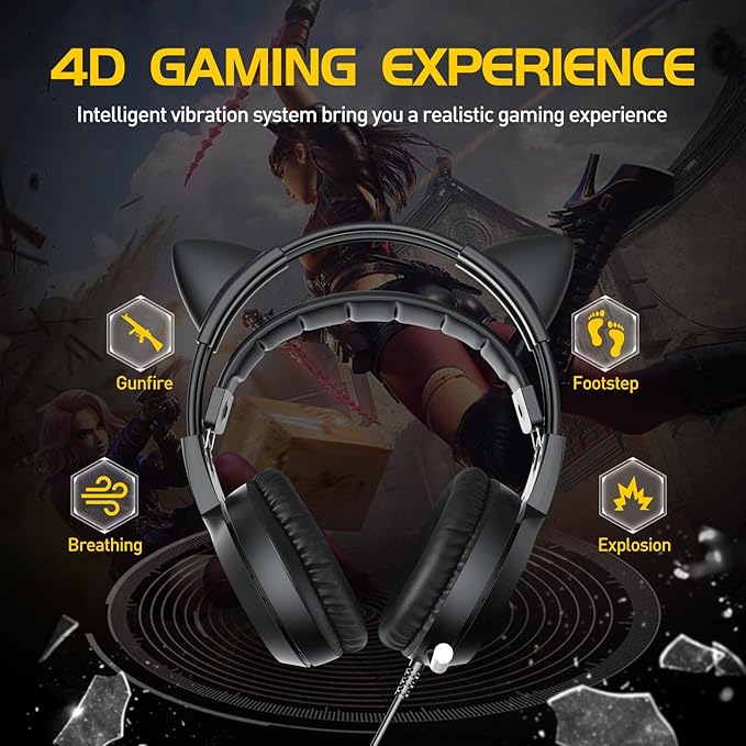 SOMIC G951black Gaming Headset for PC, PS4, Laptop: 7.1 Virtual Surround Sound Detachable Cat Ear Headphones LED, USB, Lightweight Self-Adjusting Over Ear Headphones Black