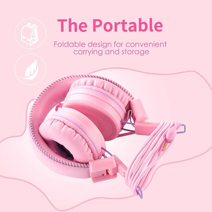M1 Kids Headphones Wired Headphone for Kids,Foldable Adjustable Stereo Tangle-Free,3.5MM Jack Wire Cord On-Ear Headphone for Children (Pink)