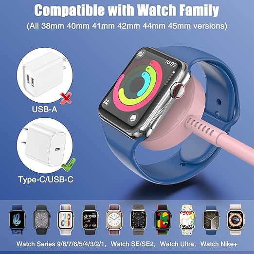 2Pack for Apple Watch Charger USB C Magnetic iWatch Charger Cable Fast Charging Cord Compatible with Watch Ultra2 Ultra Series 9 8 7 6 SE SE2 5 4 3 2 1-3FT(1M) Pink