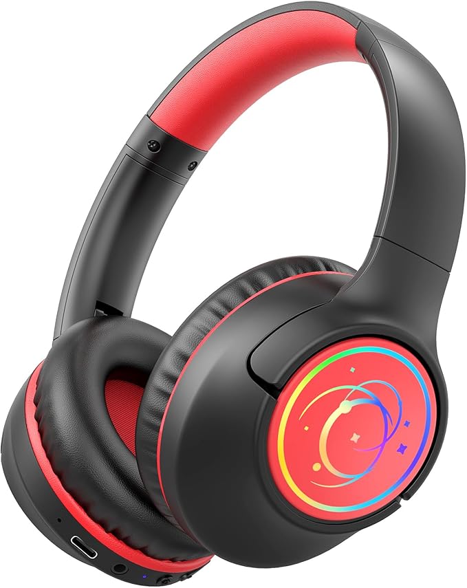 Kids Bluetooth Headphones, 85H Playtime Wireless Headphones for Kids, Colorful LED Lights, 85/94dB Safe Volume Limit, Bluetooth 5.4 Built-in Mic Toddler Headset for Tablet/Airplane/Travel (Black）