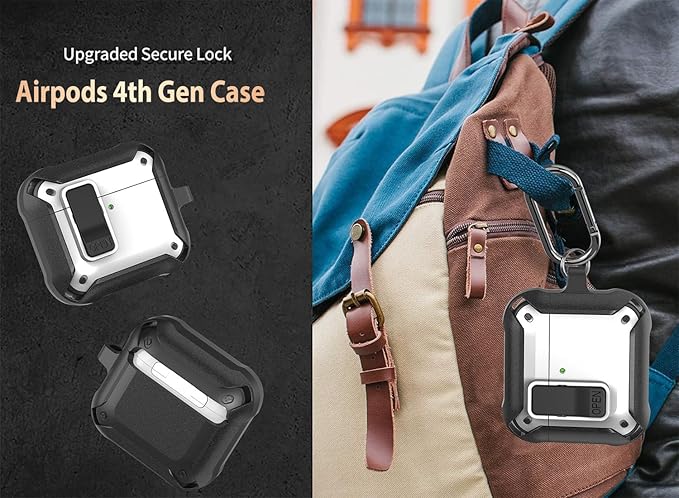 for Airpods 4 Case with Lock Clid, Rugged Apple Airpods 4th Generation Cover 2024 Men Women, Armor Shockproof iPod 4 Gen Protective Hard Shell with Carabiner&Cleaner kit,Black/White