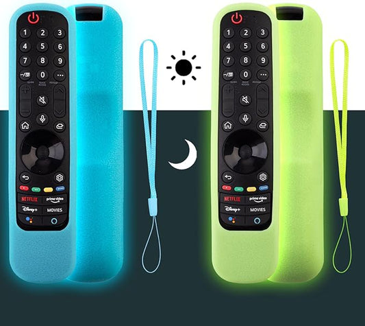 2 Pack LG Magic Remote Cover - Silicone Protective Case for LG Smart TV Remote Controller MR21/22/23 - Shockproof, Anti-Slip, Anti-Lost Loop, Glow in The Dark (Glow Green + Glow Blue)