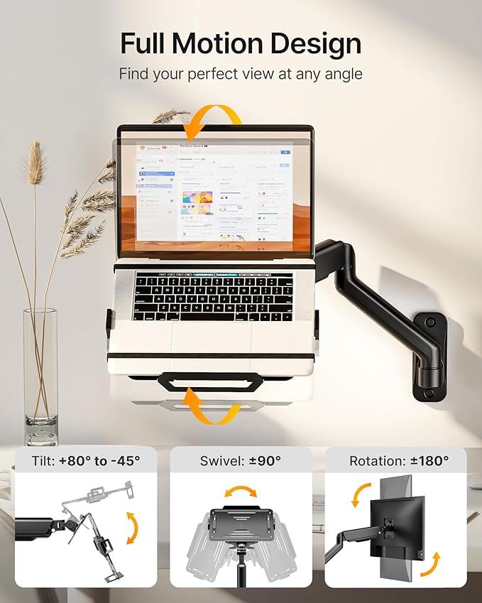 monTEK Laptop Arm Wall Mount, 2-in-1 Full Motion Monitor & Laptop Stand with Adjustable Tray, Fits Max 18" Notebook and 32" Screen, Metal Ergonomic Single Monitor Holds Up to 19.8lbs