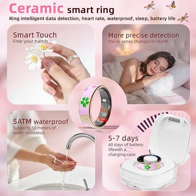 Smart Ring Men & Women Ring Sleep Tracker Pedometer Long Battery Life No Subscription Fee, IP68 Waterproof(Pink, 8)