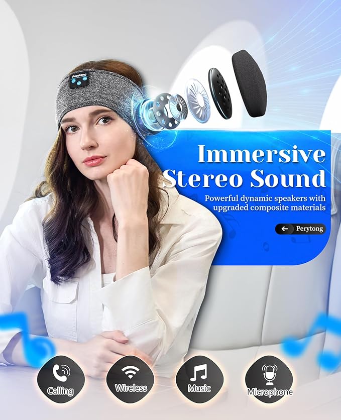Perytong 2 Pack Sleep Headphones Bluetooth 5.4 Headband, Sleeping Headband Headphones for Side Sleepers, Sweat Resistant Headband Earphones with Built-in Stereo Speakers for Sport Travel Yoga Jogging