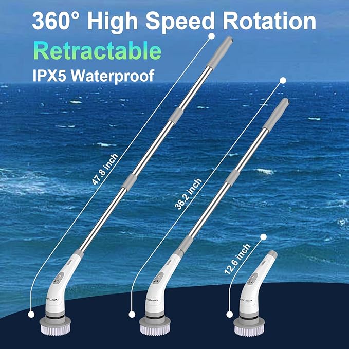 9-in-1 Multi-Purpose Electric Spin Scrubber for Cleaning, 2 Speed Long Handle Shower Scrubber, Replaceable Cleaner Brush Heads for Floors, Windows, Bathtub, Grout, Tiles, Sink, Car, Bathroom