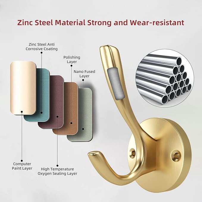 ZUONAI Gold Hooks 4 Pack Towel Hooks Gold Brushed Gold Wall Hooks Heavy Duty Metal Coat Hooks for Hanging Coats and Hat Hooks Wall Mounted Towel Hook for Bathrooms